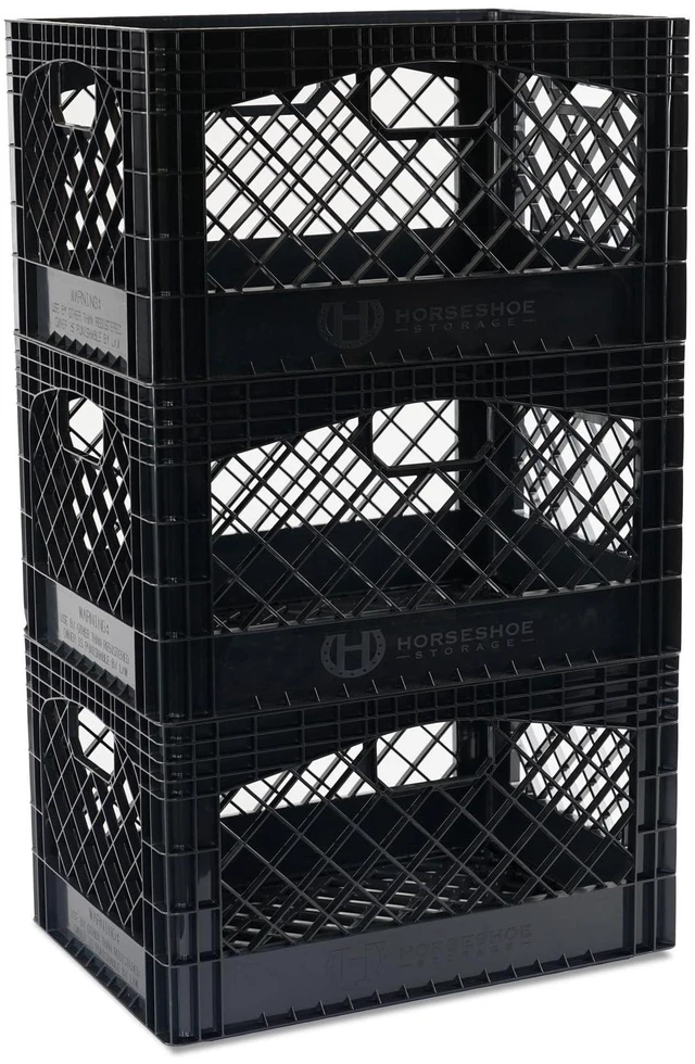 Main image of Stackable Milk Crates, 3 Pack, Kitchen Work Commercial Garage Totes, 24 Quart, Heavy Duty Plastic, Black, 19" L x 13" W 11" H