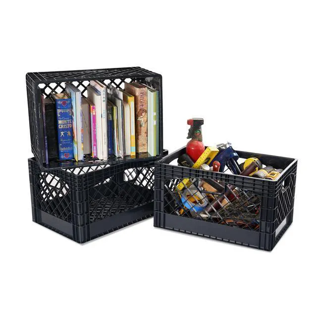 Alt view image 3 of 7 - Stackable Milk Crates, 3 Pack, Kitchen Work Commercial Garage Totes, 24 Quart, Heavy Duty Plastic, Black, 19" L x 13" W 11" H
