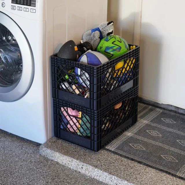 Alt view image 4 of 7 - Stackable Milk Crates, 3 Pack, Kitchen Work Commercial Garage Totes, 24 Quart, Heavy Duty Plastic, Black, 19" L x 13" W 11" H