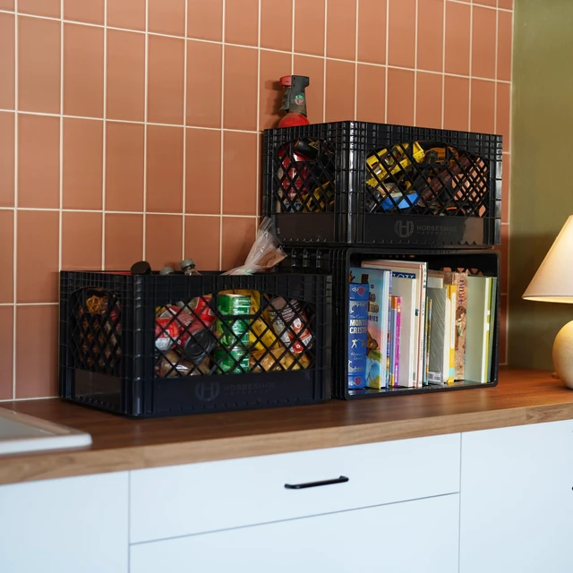 Alt view image 6 of 7 - Stackable Milk Crates, 3 Pack, Kitchen Work Commercial Garage Totes, 24 Quart, Heavy Duty Plastic, Black, 19" L x 13" W 11" H