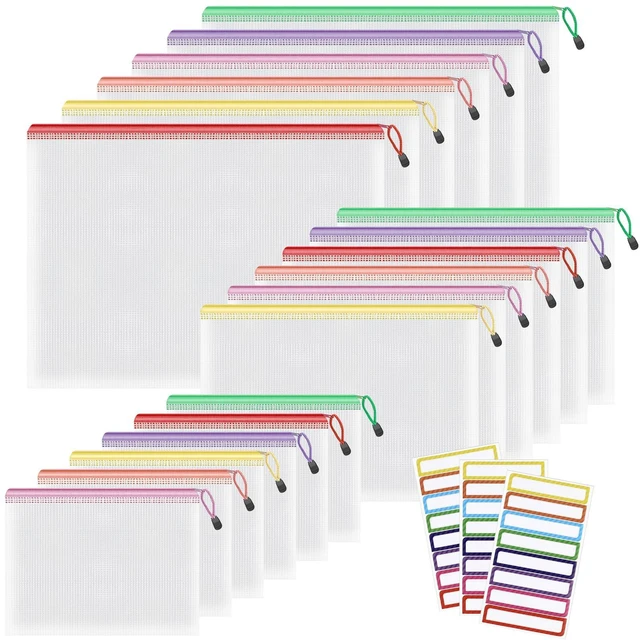 Main image of 18 Pack Mesh Zipper Organizer Bags, A3 A4 A5 Sizes with Labels 3 Sizes Store Artwork, Documents and Small Supplies While Labels Create an Organized System for Home, Office and Projects