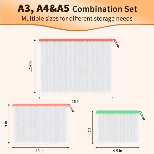 Alt view image 2 of 7 - 18 Pack Mesh Zipper Organizer Bags, A3 A4 A5 Sizes with Labels 3 Sizes Store Artwork, Documents and Small Supplies While Labels Create an Organized System for Home, Office and Projects