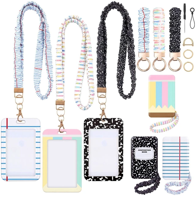 Main image of 3 Packs Teacher Scrunchie Lanyard with ID Holder Keychain Set Back to School Scrunchie Lanyard, Breakaway Teacher Lanyards, Wristlet Key Rings Set, Pastel Pencil and Composition Paper