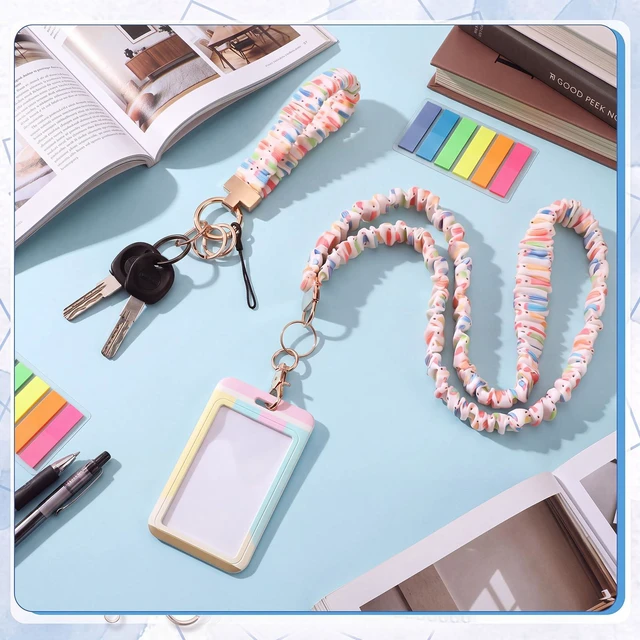 Alt view image 5 of 7 - 3 Packs Teacher Scrunchie Lanyard with ID Holder Keychain Set Back to School Scrunchie Lanyard, Breakaway Teacher Lanyards, Wristlet Key Rings Set, Pastel Pencil and Composition Paper