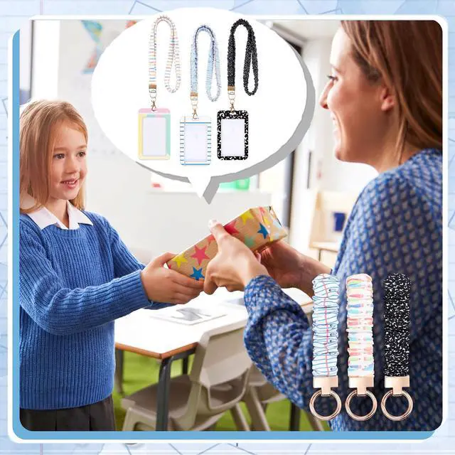 Alt view image 7 of 7 - 3 Packs Teacher Scrunchie Lanyard with ID Holder Keychain Set Back to School Scrunchie Lanyard, Breakaway Teacher Lanyards, Wristlet Key Rings Set, Pastel Pencil and Composition Paper