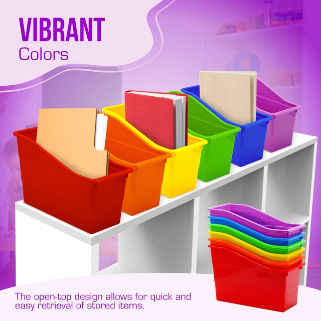 Alt view image 4 of 7 - 6 Durable Book and Binder Holder, Files Book Bins for Classroom, Plastic Vertical Storage Book Organizer Folder Office Classroom Organization Containers Supplies (Rainbow)
