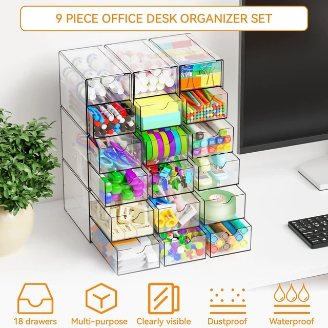 Alt view image 4 of 7 - 9 Pack Small Acrylic Drawers With 18 Drawers,Clear Drawer Organizers Stackable,School,Office Supplies Organizer And Storage Bins for Stationery,Pen,Pencil,Craft,Glasses,Sunglass Organizer Case