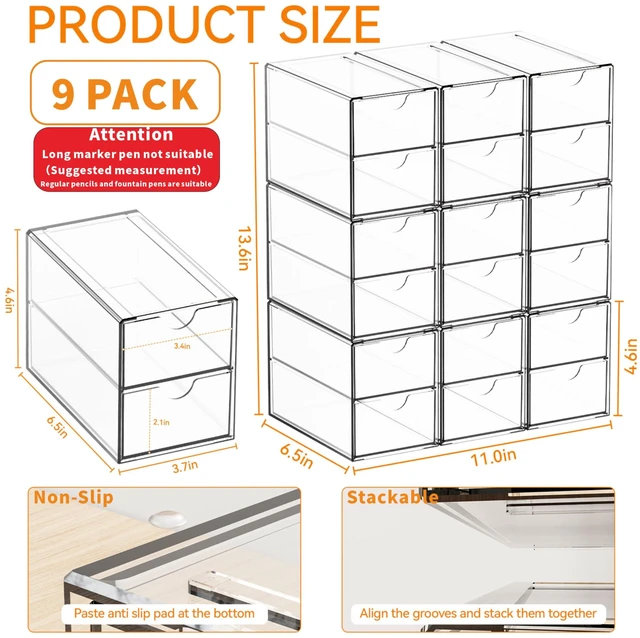 Alt view image 3 of 7 - 9 Pack Small Acrylic Drawers With 18 Drawers,Clear Drawer Organizers Stackable,School,Office Supplies Organizer And Storage Bins for Stationery,Pen,Pencil,Craft,Glasses,Sunglass Organizer Case