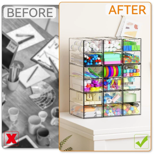 Alt view image 6 of 7 - 9 Pack Small Acrylic Drawers With 18 Drawers,Clear Drawer Organizers Stackable,School,Office Supplies Organizer And Storage Bins for Stationery,Pen,Pencil,Craft,Glasses,Sunglass Organizer Case