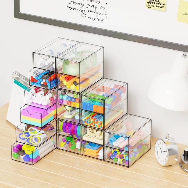 Alt view image 7 of 7 - 9 Pack Small Acrylic Drawers With 18 Drawers,Clear Drawer Organizers Stackable,School,Office Supplies Organizer And Storage Bins for Stationery,Pen,Pencil,Craft,Glasses,Sunglass Organizer Case