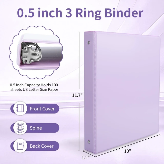Alt view image 2 of 7 - 0.5 inch 3-Ring Binder, 1/2 inch Round Ring Binder with 2 Inside Pockets, Clear View Cover Binders Holds 8.5'' x 11''PaperPVC Free, Pastel Color Binders for Office/Home/School Supply, 6 Pack