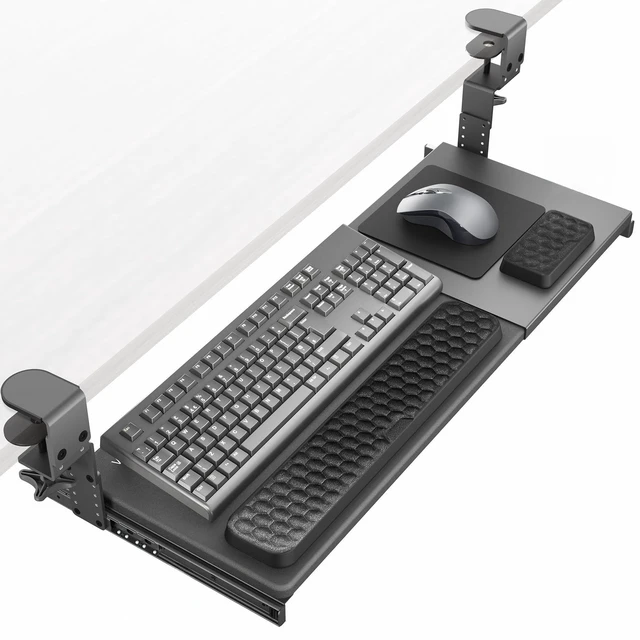 Main image of Black Clamp-on 23 to 30 x 11" Adjustable Keyboard Tray, Mount-KBST1 Height & Width Adjustment, Keyboard Platform for Typing, Slide Out Desk Drawer, 2-Part Tray with Mouse Pad, Sturdy C-Clamps