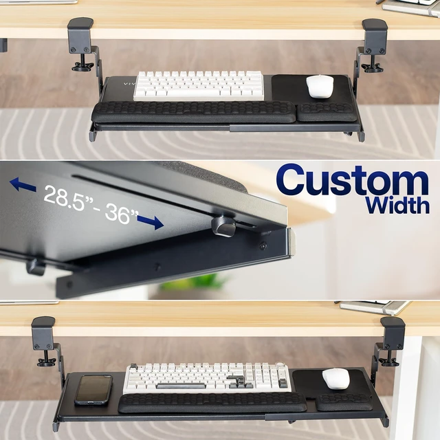 Alt view image 3 of 7 - Black Clamp-on 23 to 30 x 11" Adjustable Keyboard Tray, Mount-KBST1 Height & Width Adjustment, Keyboard Platform for Typing, Slide Out Desk Drawer, 2-Part Tray with Mouse Pad, Sturdy C-Clamps
