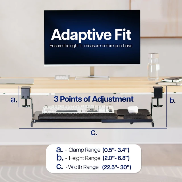 Alt view image 2 of 7 - Black Clamp-on 23 to 30 x 11" Adjustable Keyboard Tray, Mount-KBST1 Height & Width Adjustment, Keyboard Platform for Typing, Slide Out Desk Drawer, 2-Part Tray with Mouse Pad, Sturdy C-Clamps