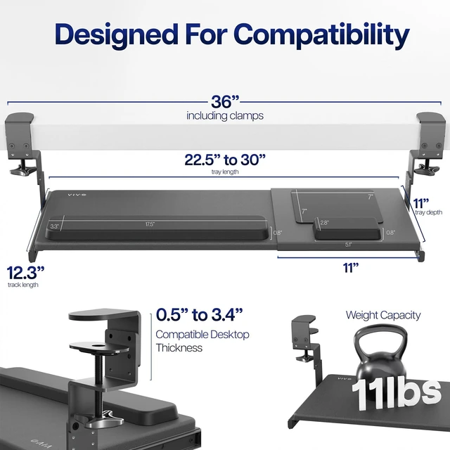Alt view image 5 of 7 - Black Clamp-on 23 to 30 x 11" Adjustable Keyboard Tray, Mount-KBST1 Height & Width Adjustment, Keyboard Platform for Typing, Slide Out Desk Drawer, 2-Part Tray with Mouse Pad, Sturdy C-Clamps