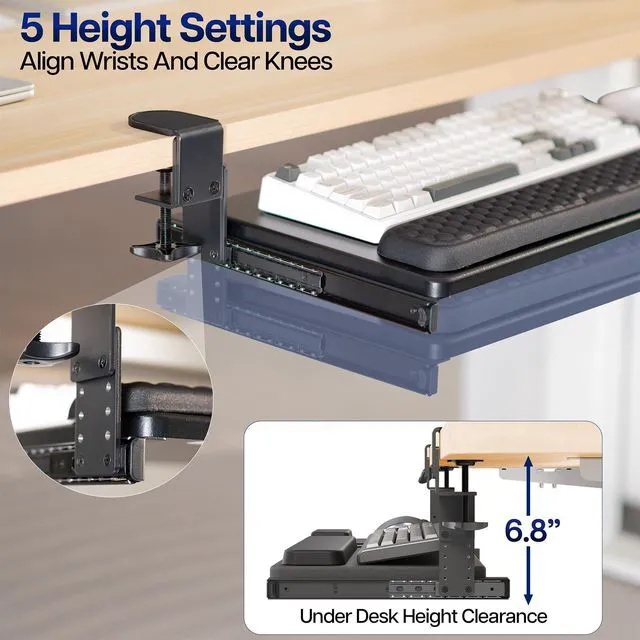 Alt view image 7 of 7 - Black Clamp-on 23 to 30 x 11" Adjustable Keyboard Tray, Mount-KBST1 Height & Width Adjustment, Keyboard Platform for Typing, Slide Out Desk Drawer, 2-Part Tray with Mouse Pad, Sturdy C-Clamps