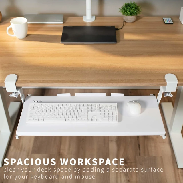 Alt view image 2 of 7 - White Clamp-on 27 x 11 in Adjustable Keyboard Tray, MOUNT-KB05HW Large Height Adjustable Under Desk Keyboard & Mouse Tray for Typing, Slide Out Platform, Extra Sturdy C-Clamp Mount System