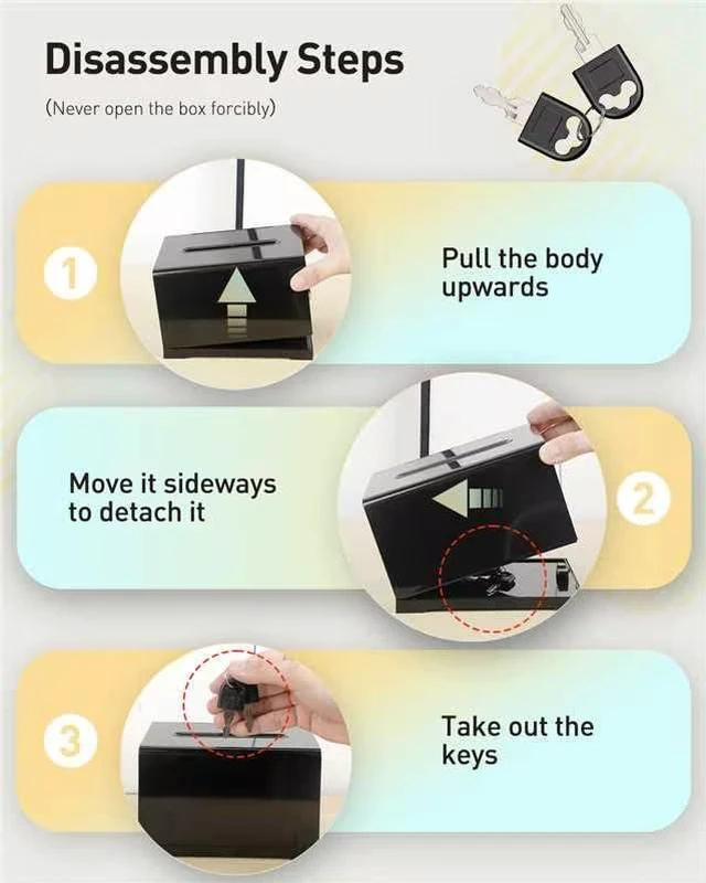 Alt view image 4 of 7 - 3 Pack 6.2" x 4.7" x 4" Black Acrylic Donation Box with Lock Slot Plastic storage container equipped with sign holder, great for fundraising, voting, charity and tip collection
