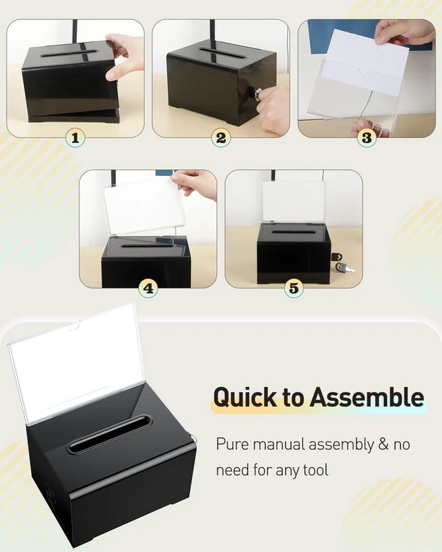 Alt view image 5 of 7 - 3 Pack 6.2" x 4.7" x 4" Black Acrylic Donation Box with Lock Slot Plastic storage container equipped with sign holder, great for fundraising, voting, charity and tip collection