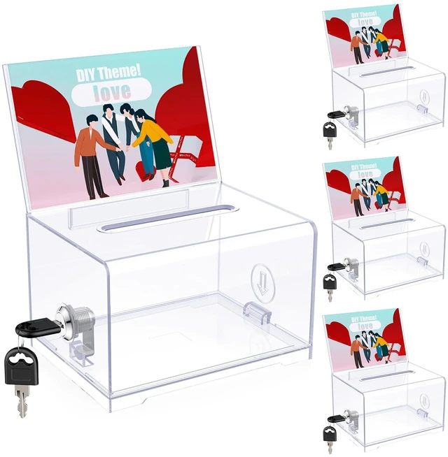 Main image of 4 Pack 6.2"x 4.7" x 4" Clear Acrylic Donation Box with Lock Slot Clear plastic storage container with sign holder, great for fundraising, voting, charity and tip collection