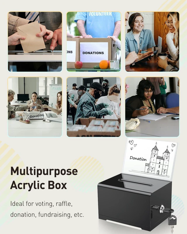 Alt view image 2 of 7 - 3 Pack 6.2" x 4.7" x 4" Black Acrylic Donation Box with Lock Slot Plastic storage container equipped with sign holder, great for fundraising, voting, charity and tip collection