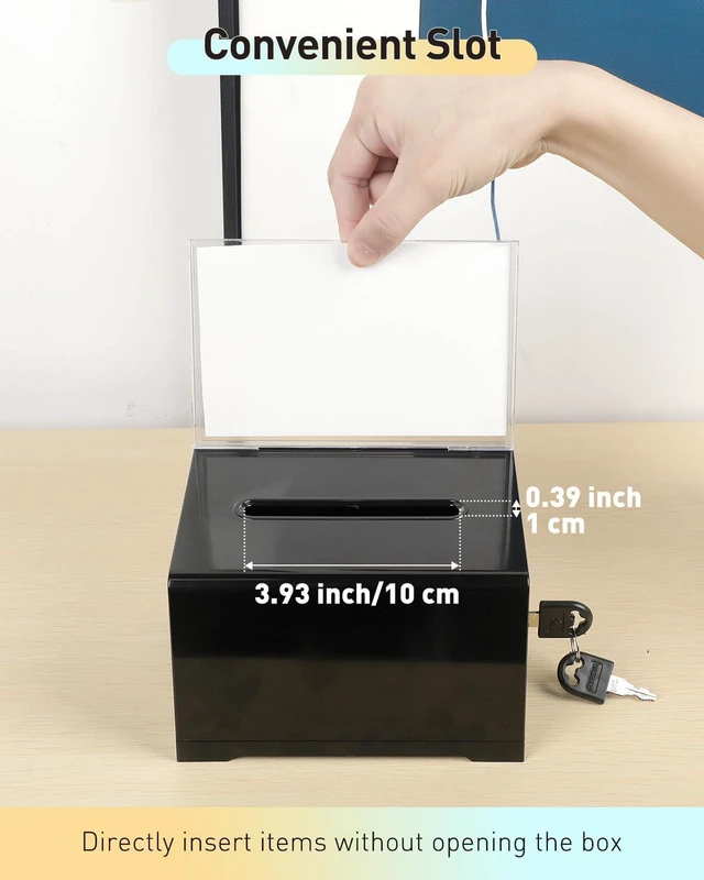 Alt view image 3 of 7 - 3 Pack 6.2" x 4.7" x 4" Black Acrylic Donation Box with Lock Slot Plastic storage container equipped with sign holder, great for fundraising, voting, charity and tip collection