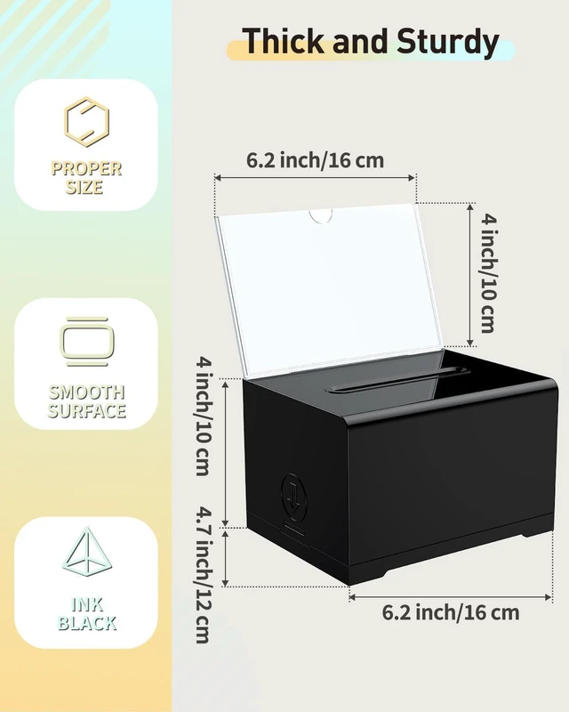 Alt view image 7 of 7 - 3 Pack 6.2" x 4.7" x 4" Black Acrylic Donation Box with Lock Slot Plastic storage container equipped with sign holder, great for fundraising, voting, charity and tip collection