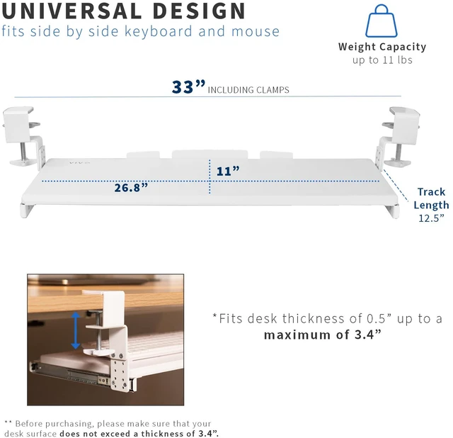 Alt view image 4 of 7 - White Clamp-on 27 x 11 in Adjustable Keyboard Tray, MOUNT-KB05HW Large Height Adjustable Under Desk Keyboard & Mouse Tray for Typing, Slide Out Platform, Extra Sturdy C-Clamp Mount System