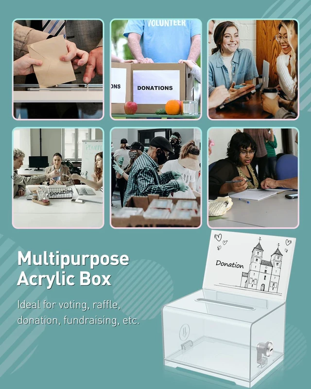 Alt view image 2 of 7 - 4 Pack 6.2"x 4.7" x 4" Clear Acrylic Donation Box with Lock Slot Clear plastic storage container with sign holder, great for fundraising, voting, charity and tip collection