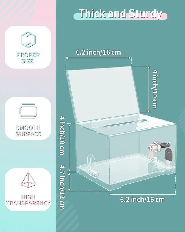 Alt view image 4 of 7 - 4 Pack 6.2"x 4.7" x 4" Clear Acrylic Donation Box with Lock Slot Clear plastic storage container with sign holder, great for fundraising, voting, charity and tip collection