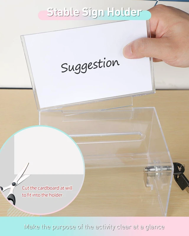 Alt view image 6 of 7 - 4 Pack 6.2"x 4.7" x 4" Clear Acrylic Donation Box with Lock Slot Clear plastic storage container with sign holder, great for fundraising, voting, charity and tip collection