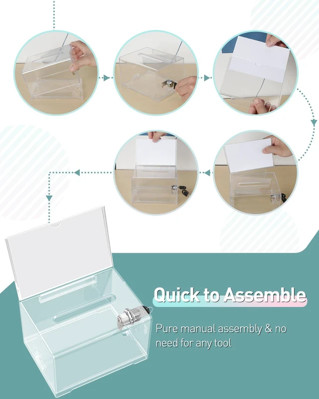 Alt view image 7 of 7 - 4 Pack 6.2"x 4.7" x 4" Clear Acrylic Donation Box with Lock Slot Clear plastic storage container with sign holder, great for fundraising, voting, charity and tip collection