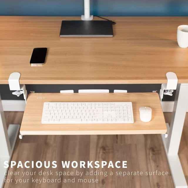 Alt view image 2 of 7 - Light Wood Clamp-on 27 x 11 in Keyboard Tray, MOUNT-KB05HA Large Height Adjustable Under Desk Keyboard & Mouse Tray for Typing, Slide Out Platform, Extra Sturdy C-Clamp Mount System