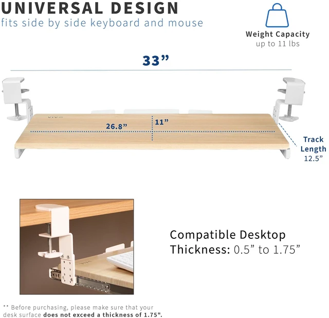 Alt view image 4 of 7 - Light Wood Clamp-on 27 x 11 in Keyboard Tray, MOUNT-KB05HA Large Height Adjustable Under Desk Keyboard & Mouse Tray for Typing, Slide Out Platform, Extra Sturdy C-Clamp Mount System