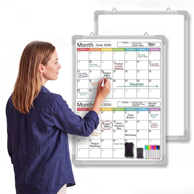 Main image of 24" x 18" Magnetic Vertical 2 Month Colorful Dry Erase Calendar for Wall Undated Horizontal Dry Erase Wall Calendar Planner Aluminum Frame Whiteboard for Home Office Projects Fridge