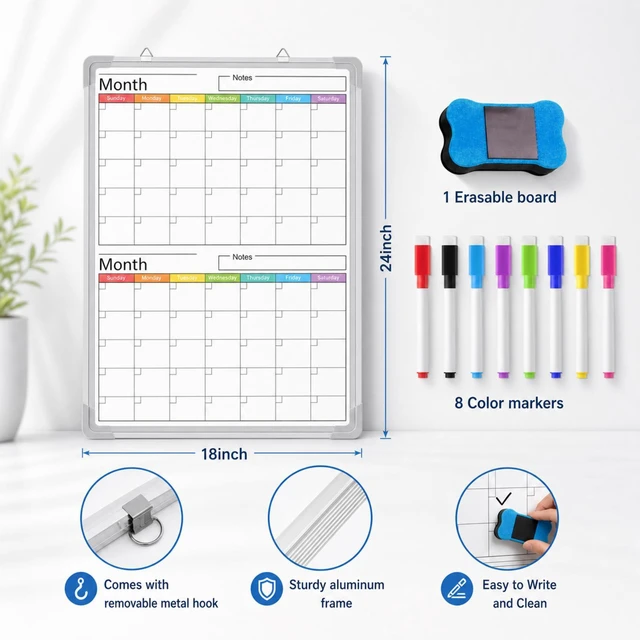 Alt view image 2 of 6 - 24" x 18" Magnetic Vertical 2 Month Colorful Dry Erase Calendar for Wall Undated Horizontal Dry Erase Wall Calendar Planner Aluminum Frame Whiteboard for Home Office Projects Fridge