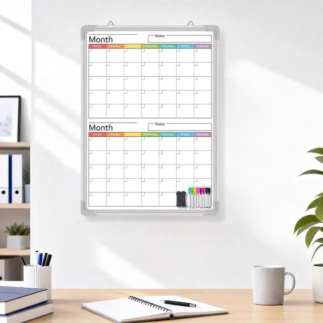 Alt view image 3 of 6 - 24" x 18" Magnetic Vertical 2 Month Colorful Dry Erase Calendar for Wall Undated Horizontal Dry Erase Wall Calendar Planner Aluminum Frame Whiteboard for Home Office Projects Fridge