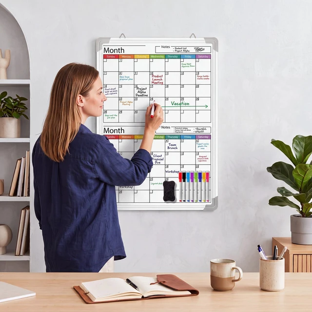 Alt view image 4 of 6 - 24" x 18" Magnetic Vertical 2 Month Colorful Dry Erase Calendar for Wall Undated Horizontal Dry Erase Wall Calendar Planner Aluminum Frame Whiteboard for Home Office Projects Fridge
