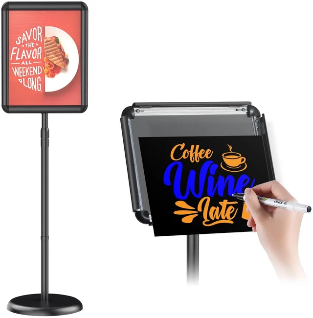 Main image of 11 x 17 inch Adjustable Poster, Pedestal Floor Stand Sign Holder Snap open frame,360°Rotation,Outdoor Indoor Standing Display Sign Holders for advertising,Black, come with chalkborad sheet