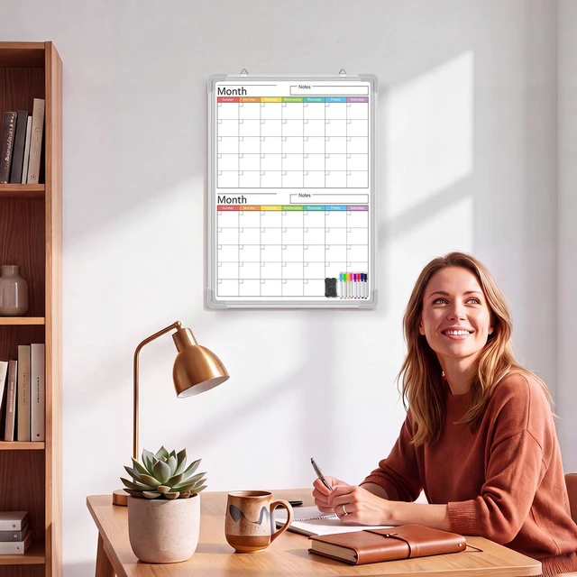 Alt view image 6 of 6 - 24" x 18" Magnetic Vertical 2 Month Colorful Dry Erase Calendar for Wall Undated Horizontal Dry Erase Wall Calendar Planner Aluminum Frame Whiteboard for Home Office Projects Fridge