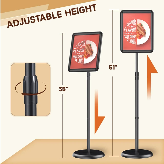 Alt view image 3 of 7 - 11 x 17 inch Adjustable Poster, Pedestal Floor Stand Sign Holder Snap open frame,360°Rotation,Outdoor Indoor Standing Display Sign Holders for advertising,Black, come with chalkborad sheet
