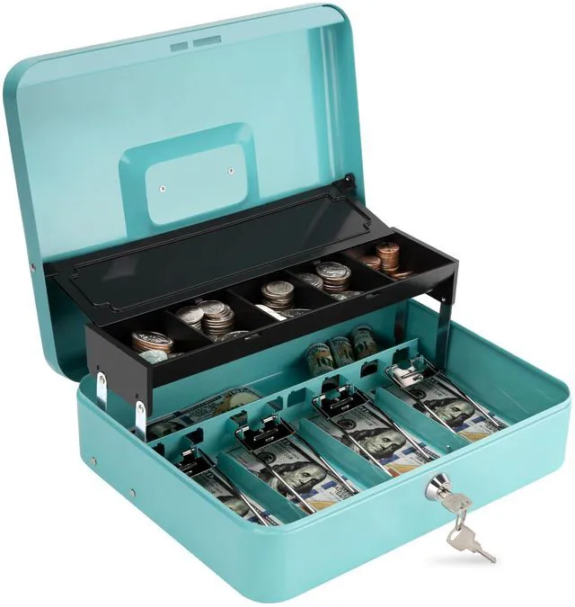 Main image of Cash Box with Key Lock & Auto-Pop Coin Tray Secure Steel Money Box with 4 Upgraded Finger-Safe Bill Clips, Premium Smooth Scratch-Resistant Coating, 11.8"L x 9.5"W x 3.5"H, KL Teal