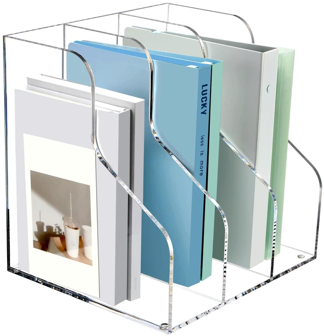 Main image of 3 Slots Acrylic Magazine Holder, Desktop File Sorter Organizer Rack Bookshelf, Workspace Sorters Office Desk Accessories Organization Storage Stand, Clear