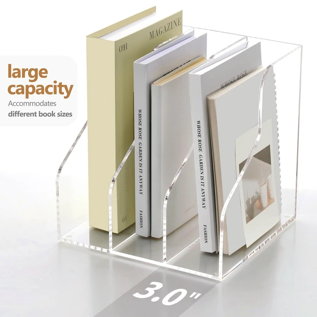 Alt view image 7 of 7 - 3 Slots Acrylic Magazine Holder, Desktop File Sorter Organizer Rack Bookshelf, Workspace Sorters Office Desk Accessories Organization Storage Stand, Clear
