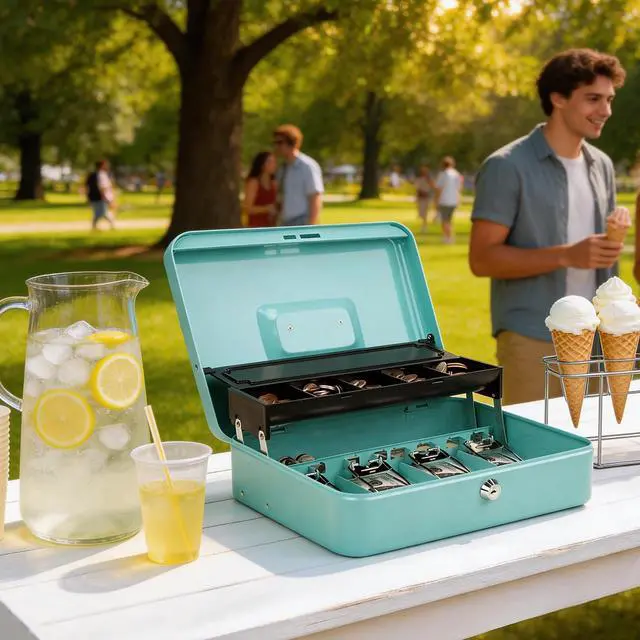 Alt view image 2 of 6 - Cash Box with Key Lock & Auto-Pop Coin Tray Secure Steel Money Box with 4 Upgraded Finger-Safe Bill Clips, Premium Smooth Scratch-Resistant Coating, 11.8"L x 9.5"W x 3.5"H, KL Teal