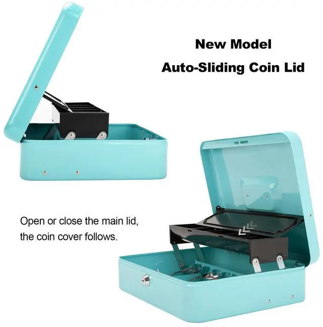 Alt view image 4 of 6 - Cash Box with Key Lock & Auto-Pop Coin Tray Secure Steel Money Box with 4 Upgraded Finger-Safe Bill Clips, Premium Smooth Scratch-Resistant Coating, 11.8"L x 9.5"W x 3.5"H, KL Teal