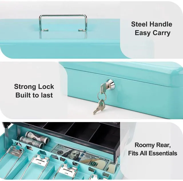 Alt view image 5 of 6 - Cash Box with Key Lock & Auto-Pop Coin Tray Secure Steel Money Box with 4 Upgraded Finger-Safe Bill Clips, Premium Smooth Scratch-Resistant Coating, 11.8"L x 9.5"W x 3.5"H, KL Teal