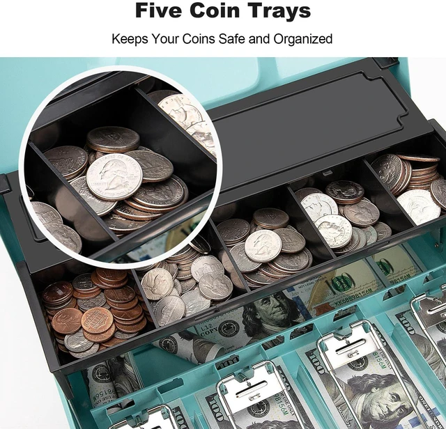 Alt view image 6 of 6 - Cash Box with Key Lock & Auto-Pop Coin Tray Secure Steel Money Box with 4 Upgraded Finger-Safe Bill Clips, Premium Smooth Scratch-Resistant Coating, 11.8"L x 9.5"W x 3.5"H, KL Teal