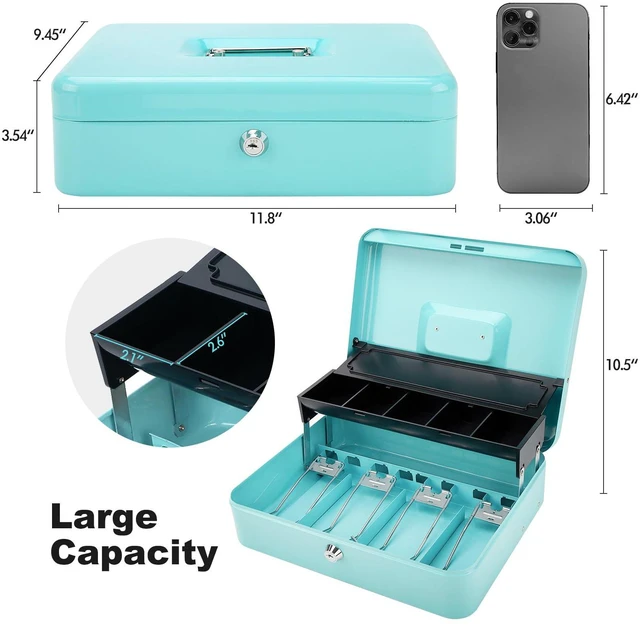 Alt view image 3 of 6 - Cash Box with Key Lock & Auto-Pop Coin Tray Secure Steel Money Box with 4 Upgraded Finger-Safe Bill Clips, Premium Smooth Scratch-Resistant Coating, 11.8"L x 9.5"W x 3.5"H, KL Teal