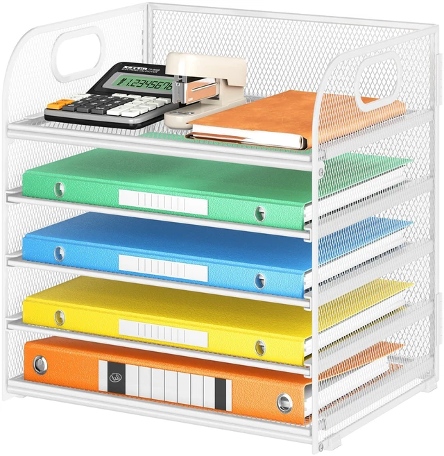 Main image of 5 Tray Paper Organizer Letter Tray with Handle - Mesh Desk File Organizer, Paper Sorter Organizer for Office, Home or School File Folder Holder - White